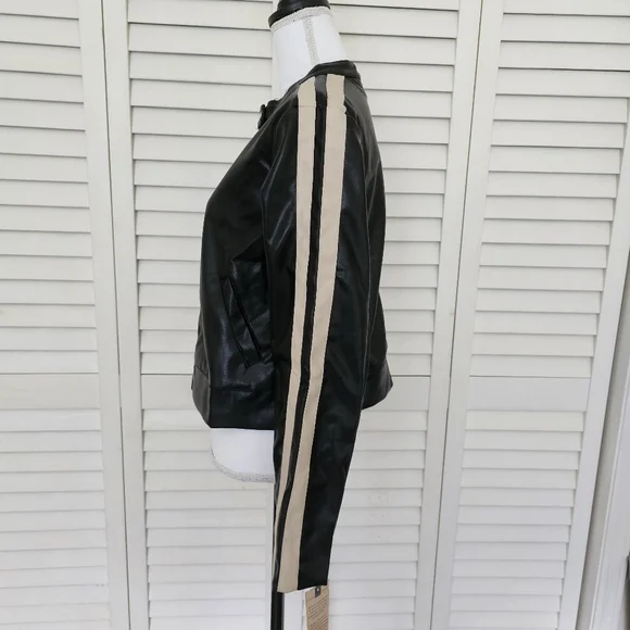 New Democracy Biker Jacket Size M Faux Leather Black Beige Zip Front Moto NWT - Picture 6 of 16